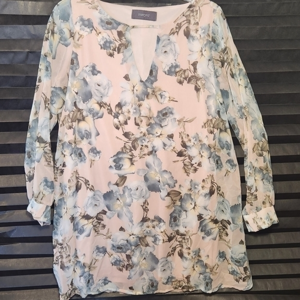 Sawyer Long Sleeve Lined‎ Sheer Floral Dress Pastels Blush Pink Blue Gray Green